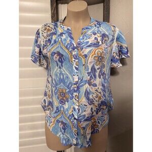 Zac & Rachel Womens Blouse L Orange Blue Floral  Flowy